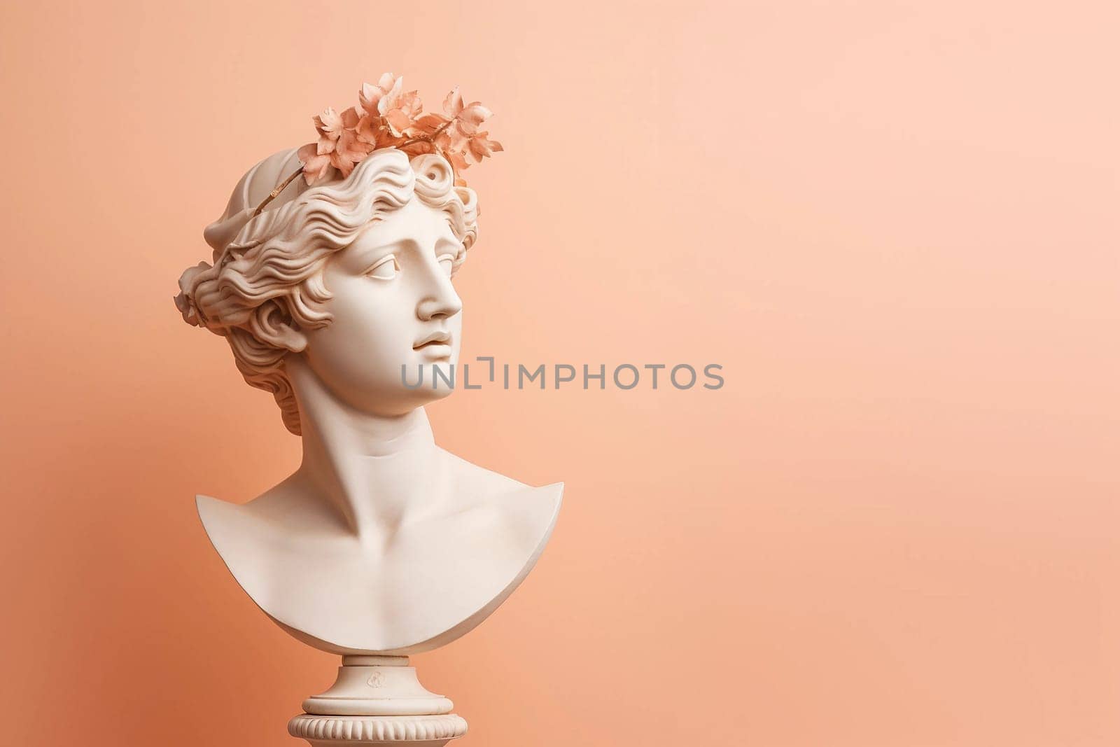 antique statue bust of woman on peach background. Head with head with hair and wreath of leaves.