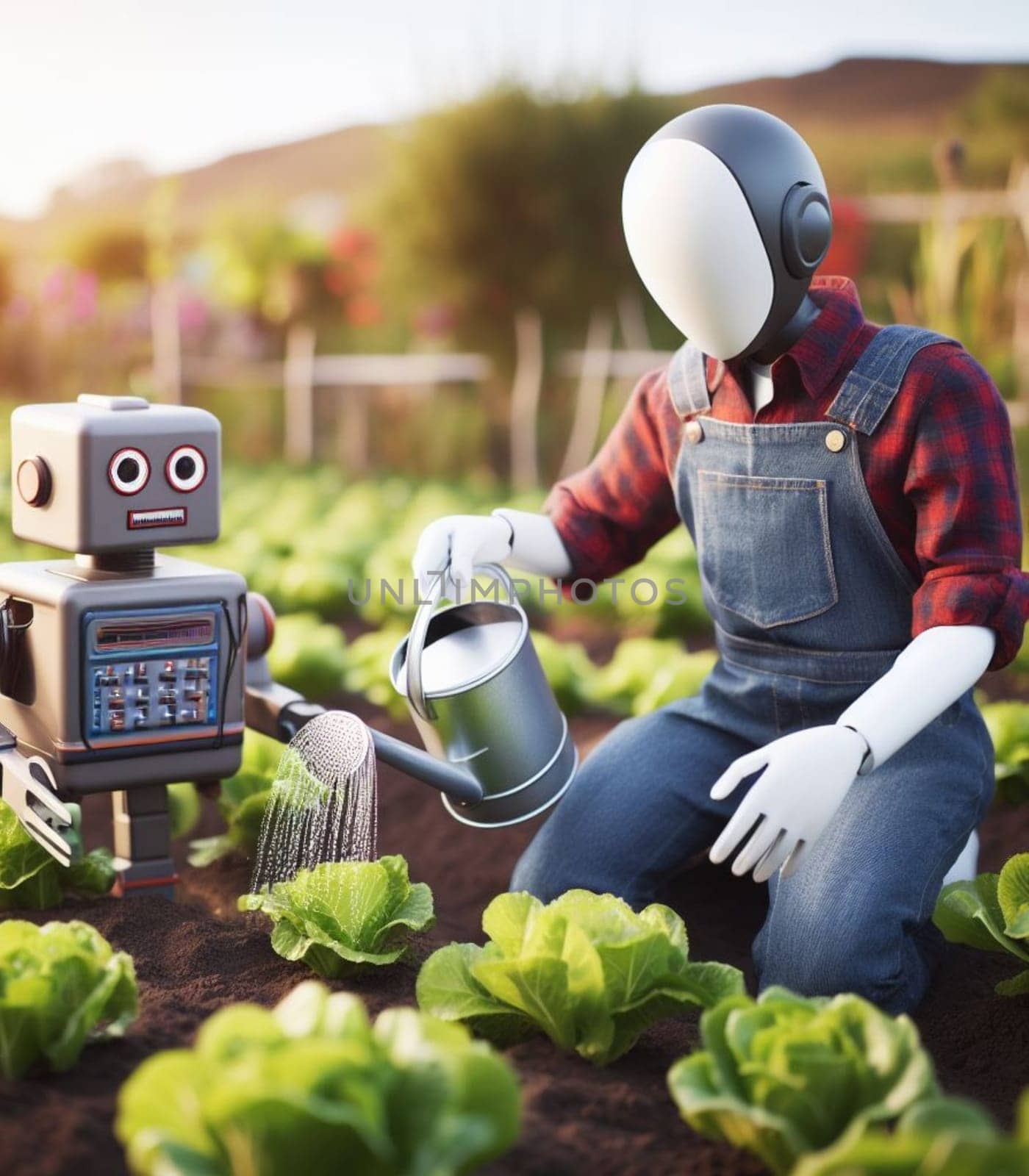 robot watering working in the farm vegetable garden to grow produce for human consumption ai generated