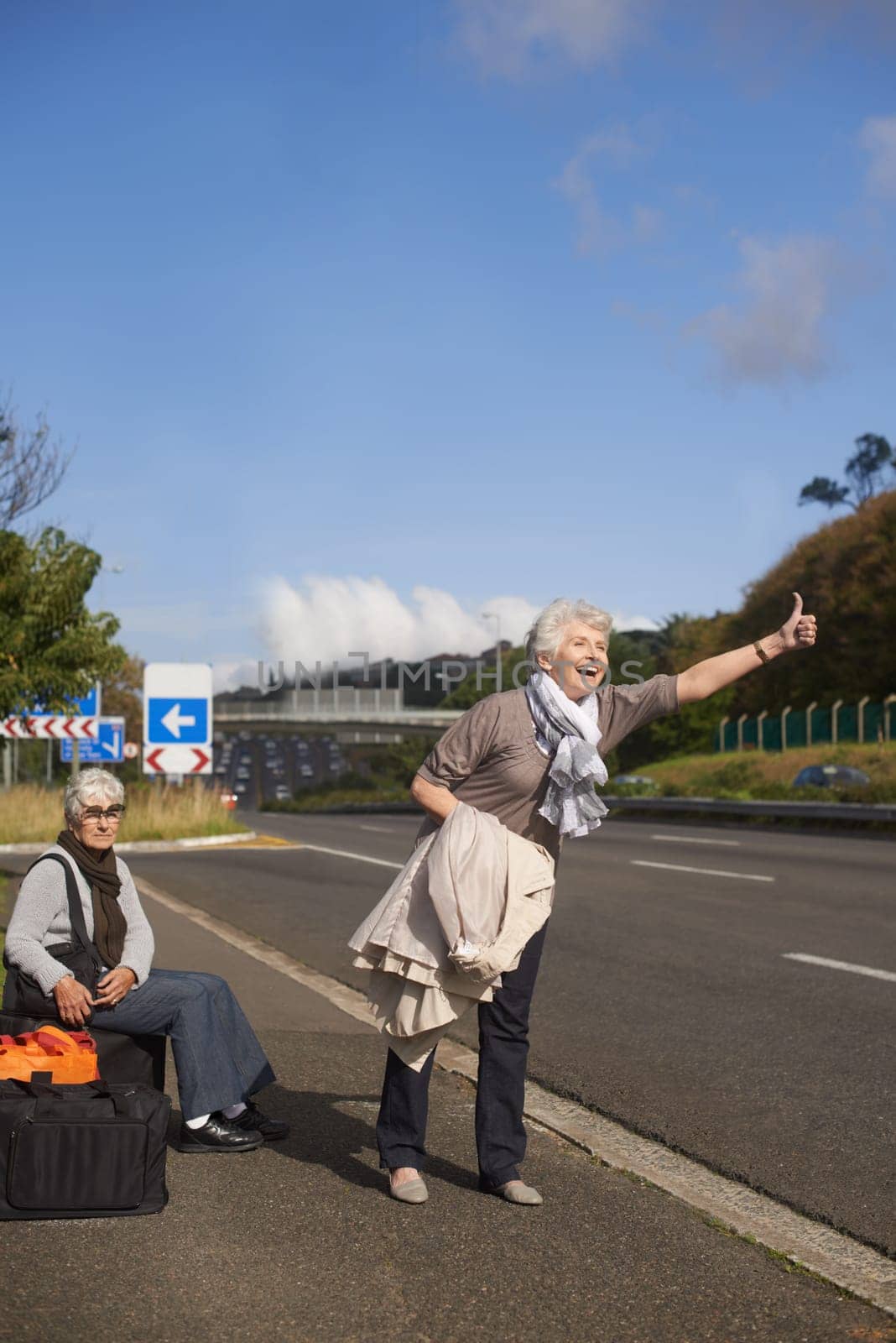 Women, road and hitch hiker for travel in retirement, lift and friends in city with bags for adventure. Senior ladies, thumbs up and happy by roadside with hand gesture and stop transport to commute by YuriArcurs