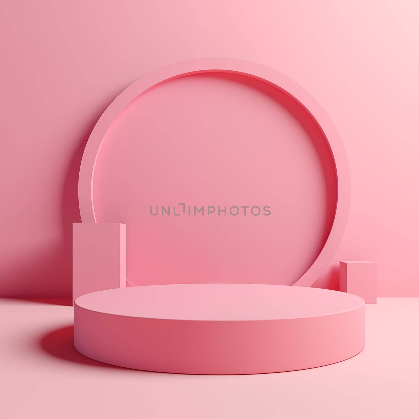 3D podium render of pink round background for cosmetic products. Bright pastel pink podium or pedestal backdrop.