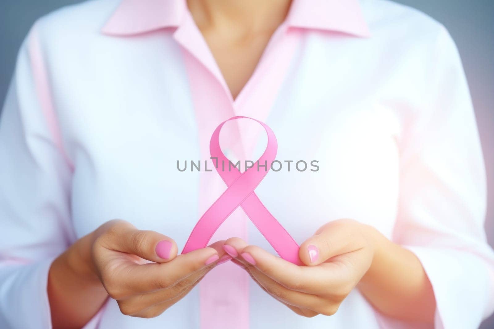 Close up of hands and pink cancer awareness ribbon. Generative AI.