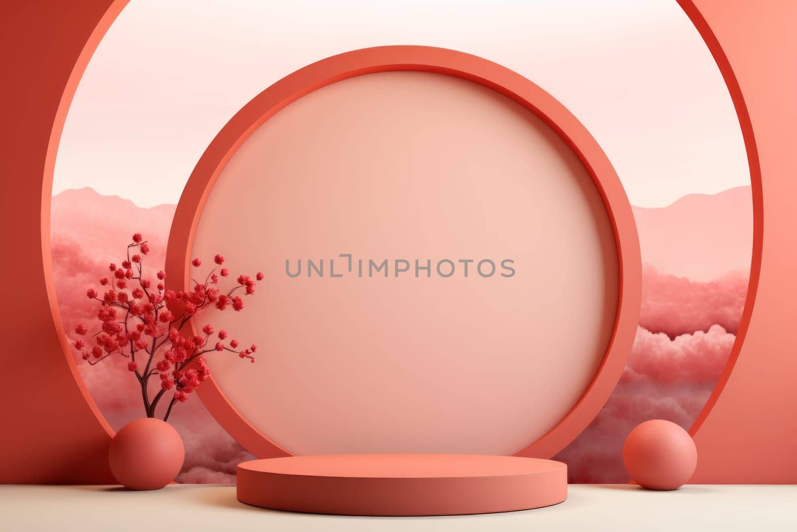 Chinese new year minimal clean spread out arch and podium background. Generative AI.