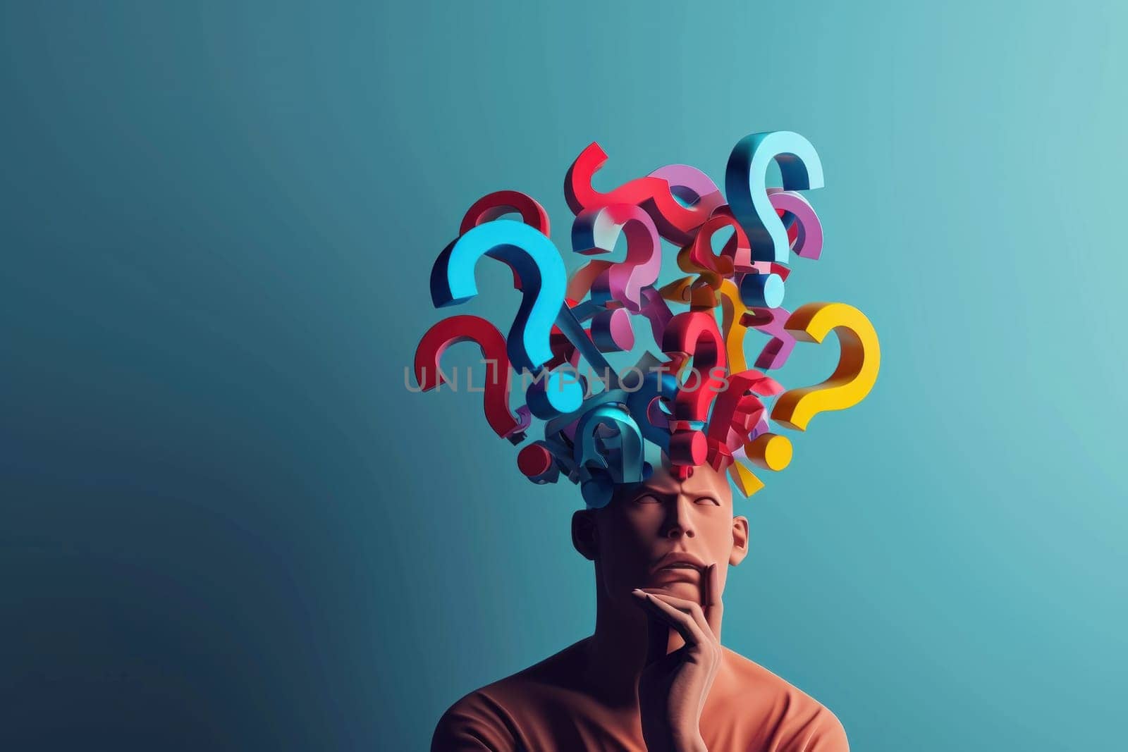 Curious man face with colored 3D question marks floating above head. Generative AI.