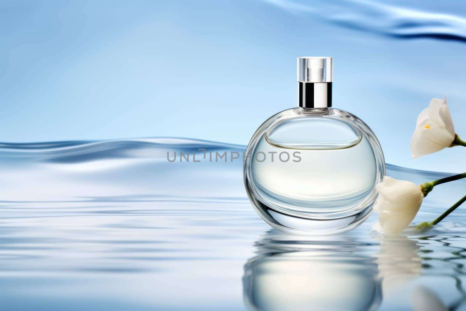 Bottle perfume on the water, clear water waves, white and blue background. Generative AI.
