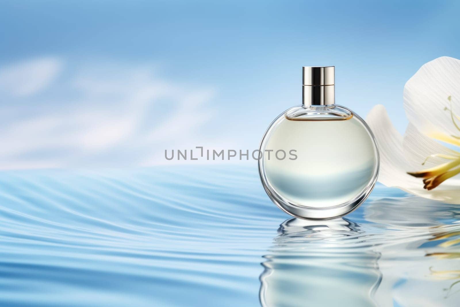 Bottle perfume on the water, clear water waves, white and blue background. Generative AI.