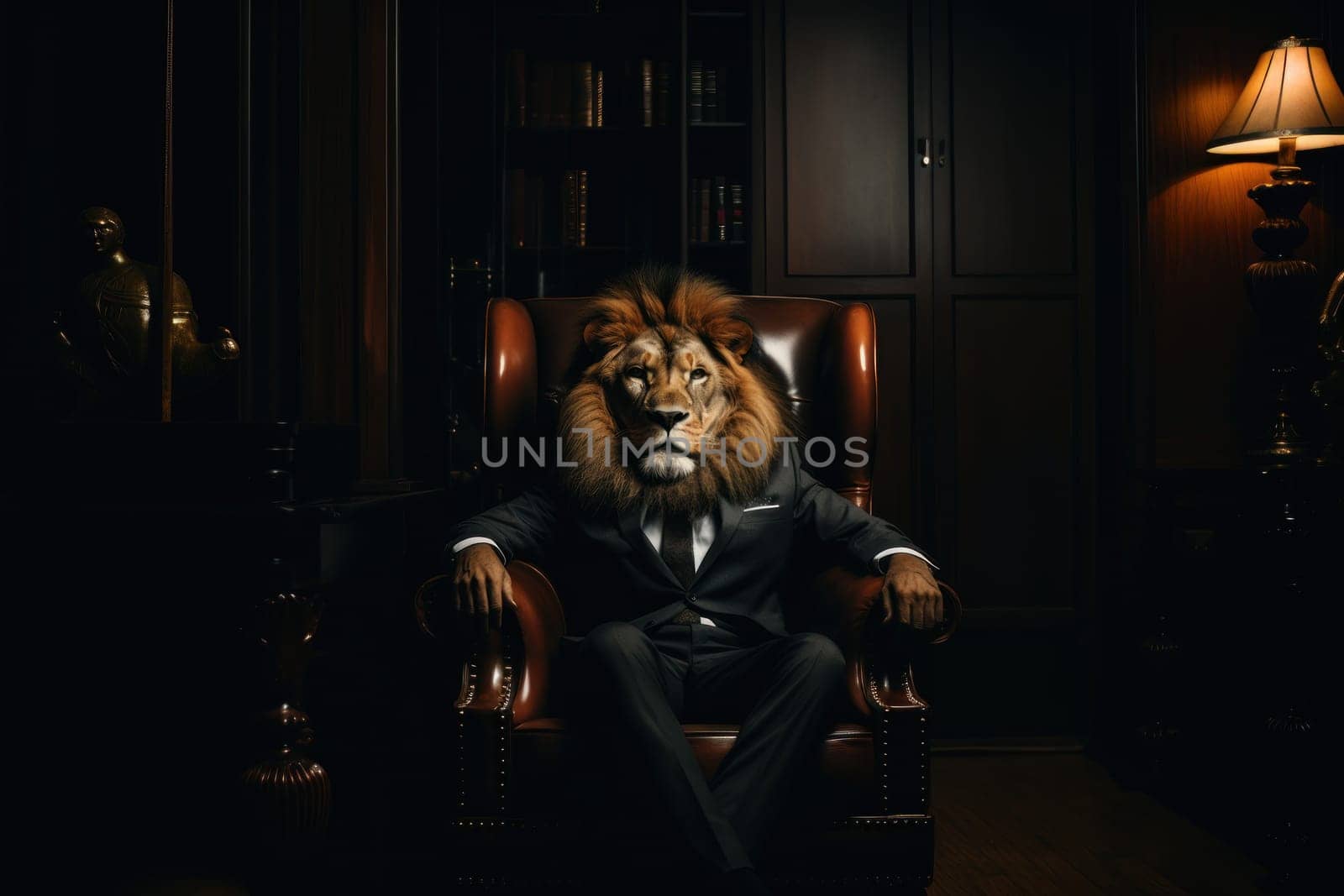 Front view of confident Lion head in suit dark dress siting in armchair in dark room. Generative AI.