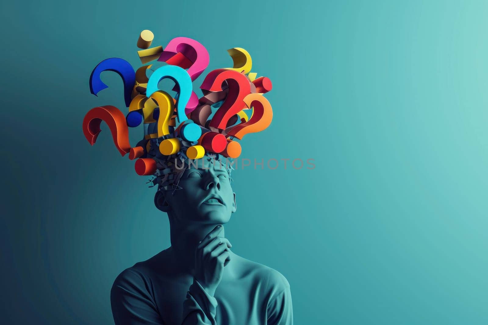 Curious man face with colored 3D question marks floating above head. Generative AI.