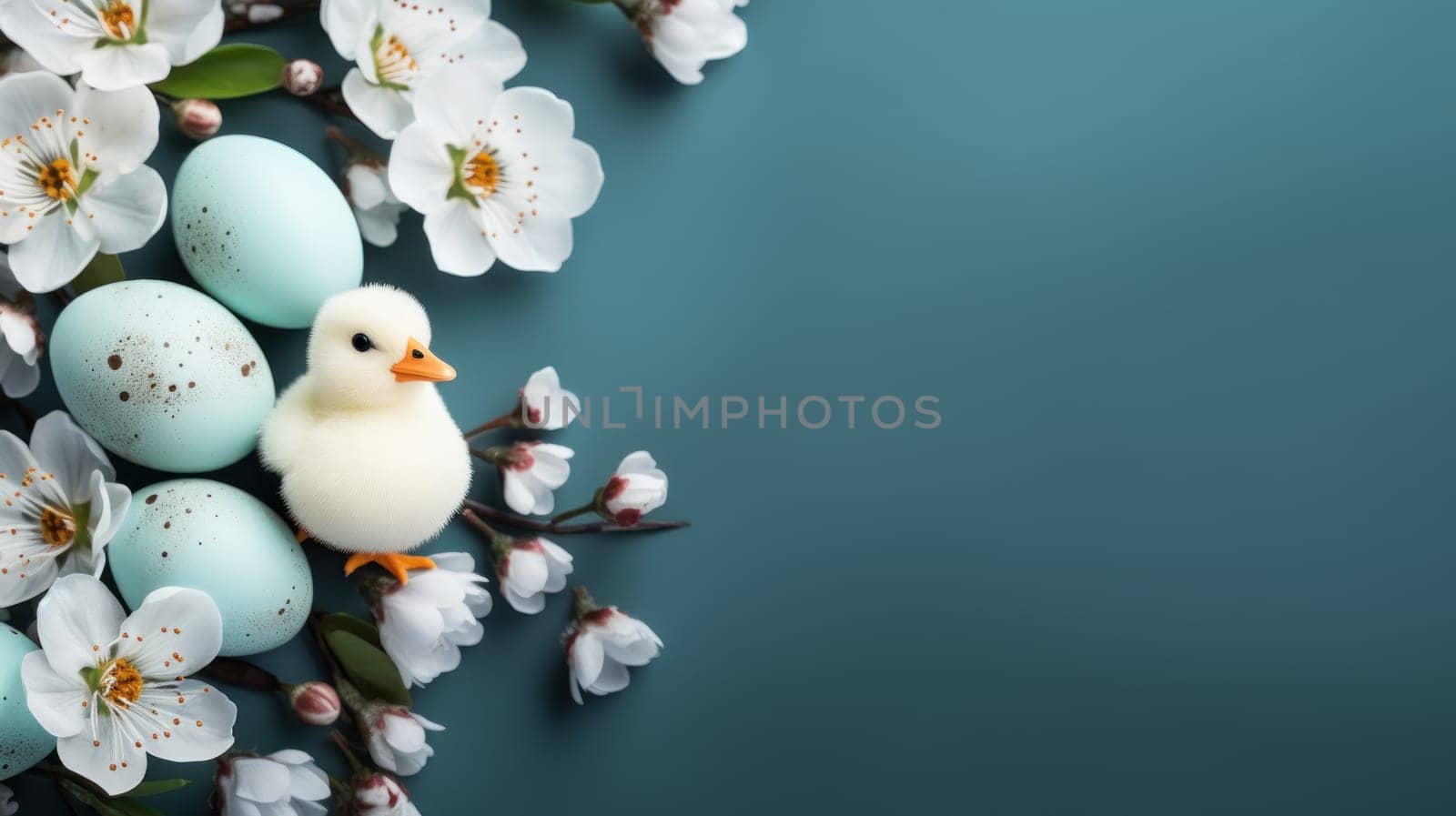 Easter floral composition with delicate pastel eggs and flowers in a nest. Generative AI.
