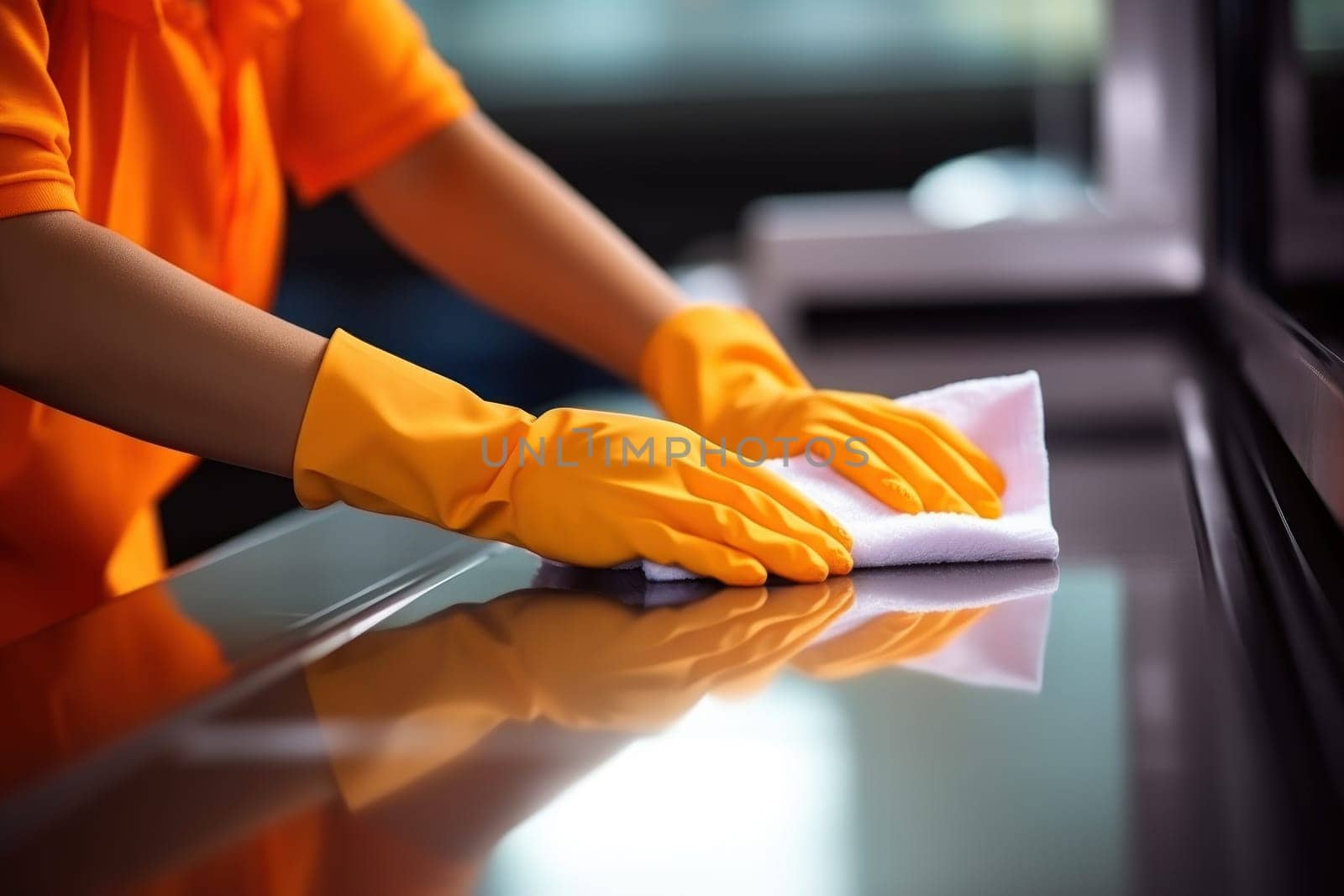 Close up Hands wearing orange rubber gloves cleaning the work desk. Generative AI.