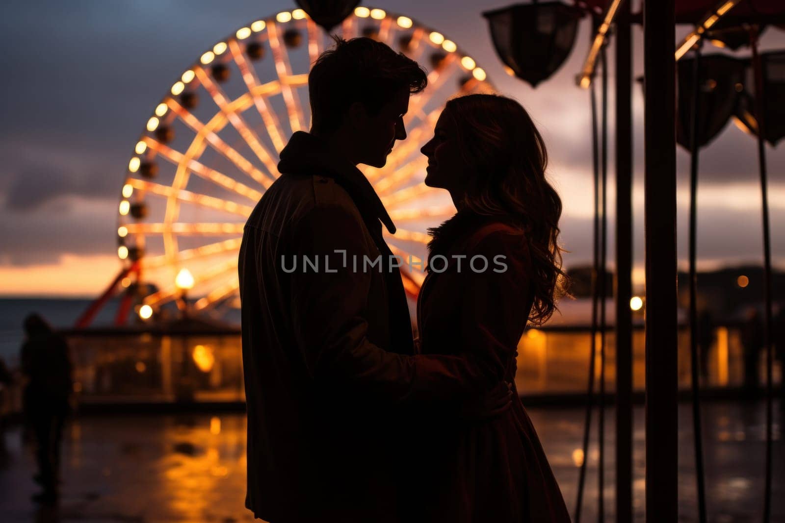Romantic couple kissing in front of seaside pier Ferris wheel at sunset. Generative AI.
