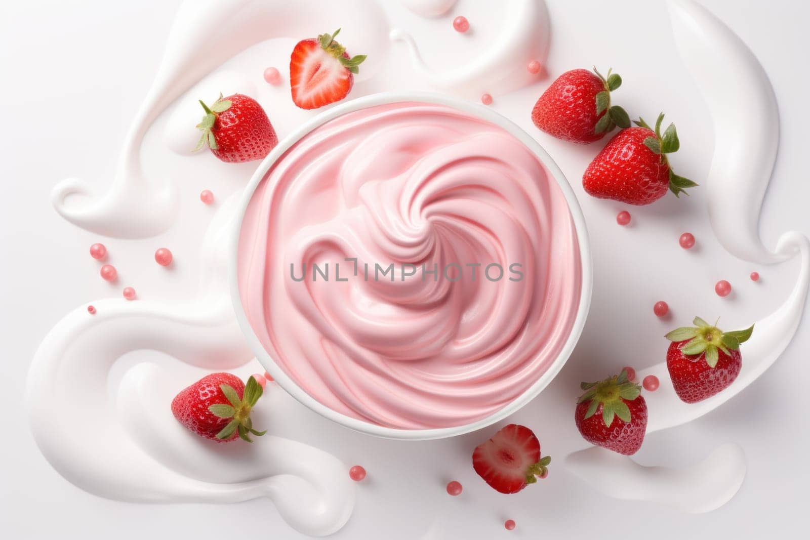 Floating yoghurt swirl with strawberries isolates background. Generative AI.