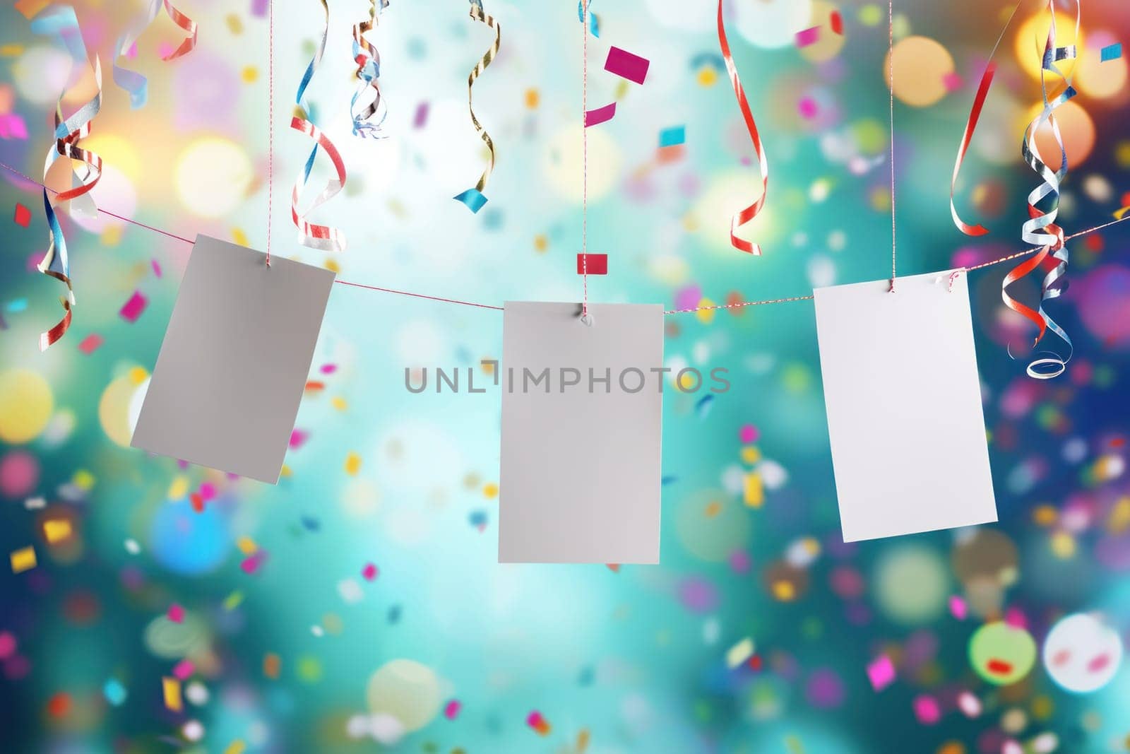 Hanging white paper with confetti on a colorful blurry background. Generative AI.