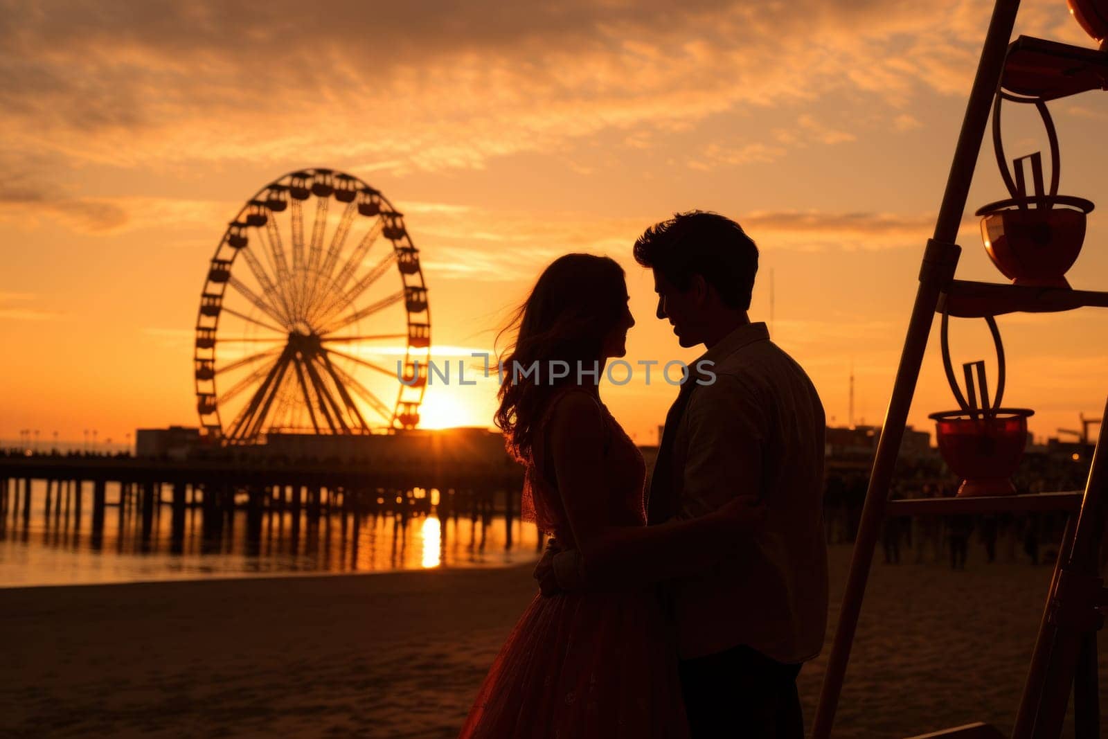 Romantic couple kissing in front of seaside pier Ferris wheel at sunset. Generative AI.