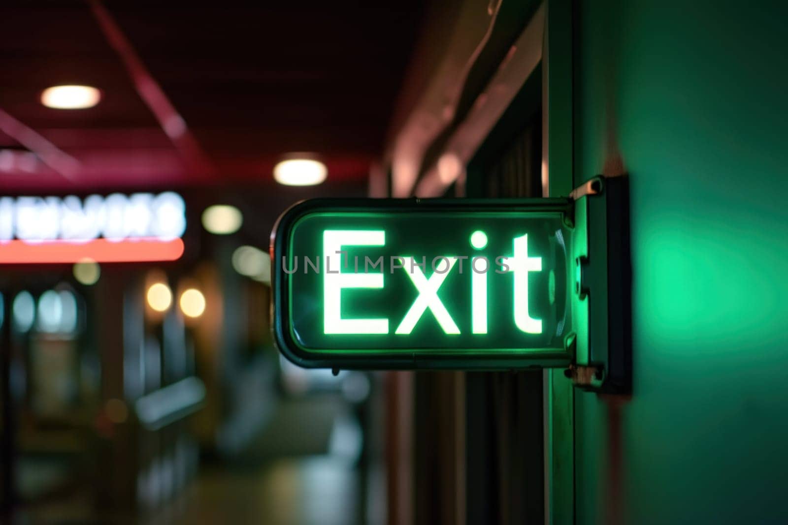 Exit sign glowing in green. Generative AI.