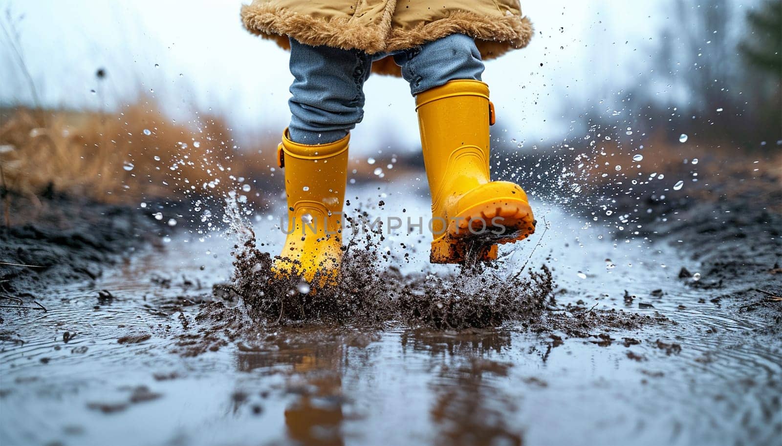 Happy child playful jumping in puddle with yellow rain boots. Close-up of kid wearing yellow rain boots and walking during sleet, rain and snow on cold day. Child in colorful fashion casual clothes jumping in a puddle. Having fun outdoors. rain