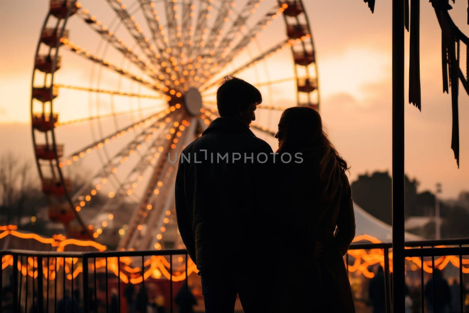 Romantic couple kissing in front of seaside pier Ferris wheel at sunset. Generative AI by golfmerrymaker