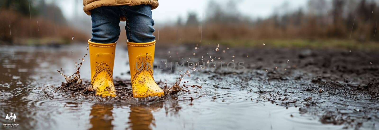 Happy child playful jumping in puddle with yellow rain boots. Close-up of kid wearing yellow rain boots and walking during sleet, rain and snow on cold day. Child in colorful fashion casual clothes jumping in a puddle. Having fun outdoors. by Annebel146