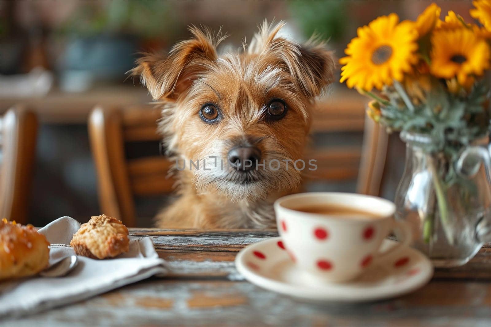 Cute dog having nice breakfast sitting at the table with tea,coffee bread at the kitchen stylish interior. Cozy house with funny dog at lunch pet
