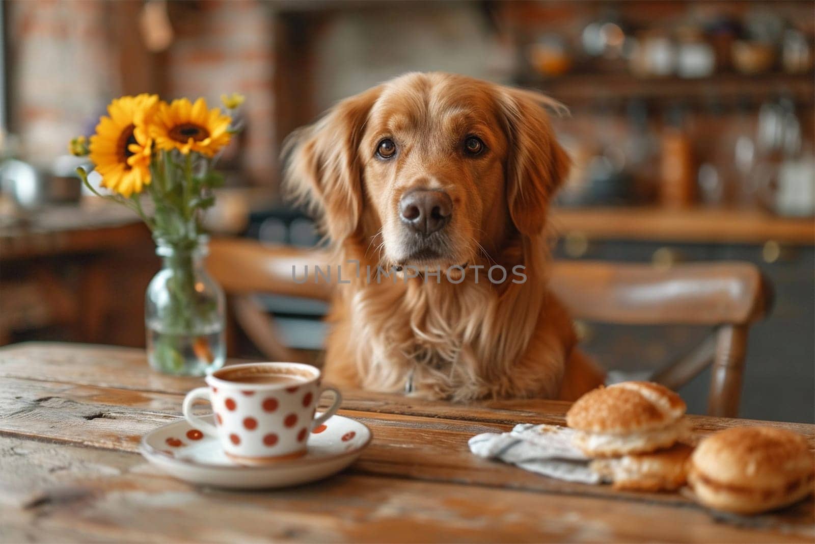 Cute dog having nice breakfast sitting at the table with tea,coffee bread at the kitchen stylish interior. Cozy house with funny dog at lunch pet