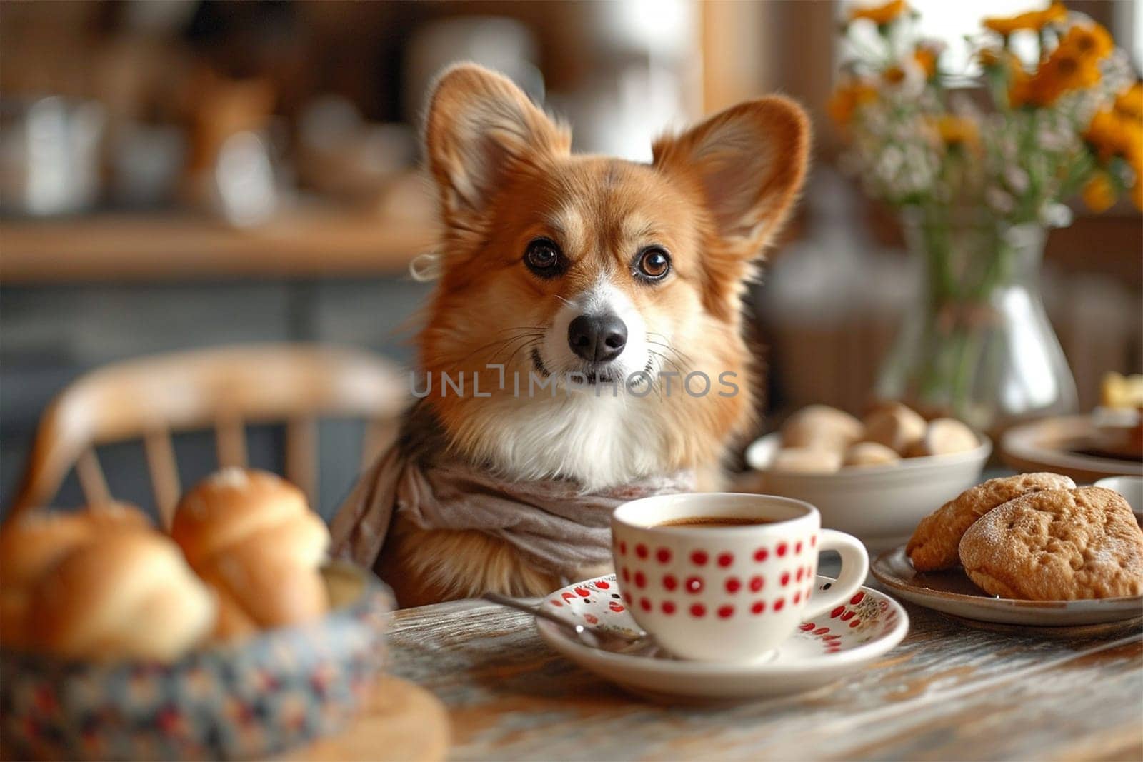 Cute dog having nice breakfast sitting at the table with tea,coffee bread at the kitchen stylish interior. Cozy house with funny dog at lunch by Annebel146
