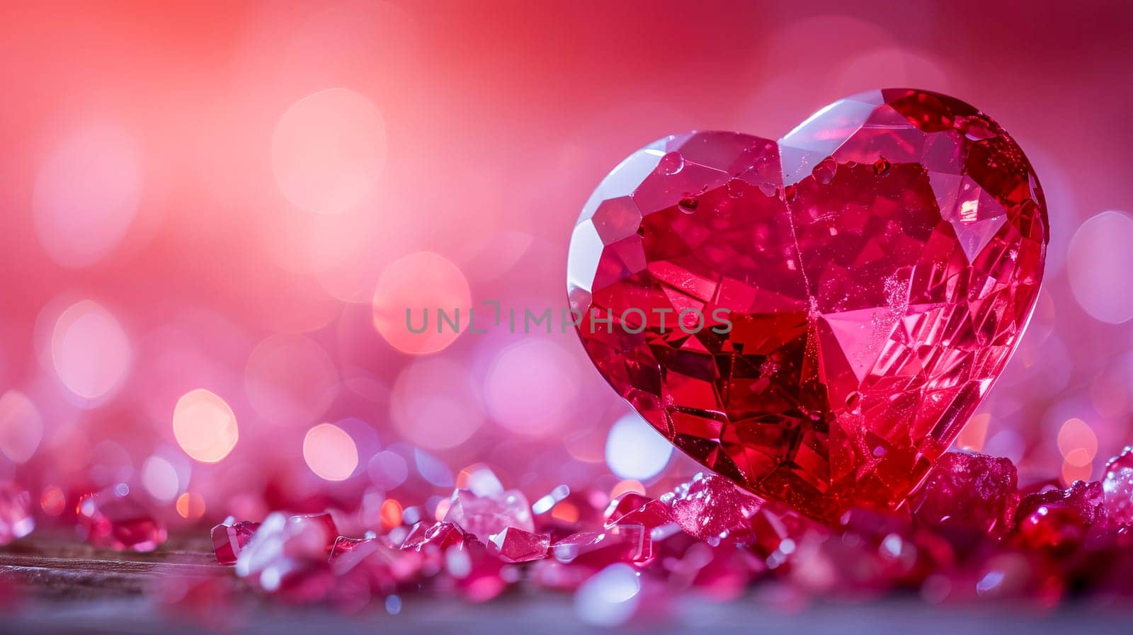 Beautiful red heart made of ruby gemstone on a pink background. AI generated. by OlgaGubskaya