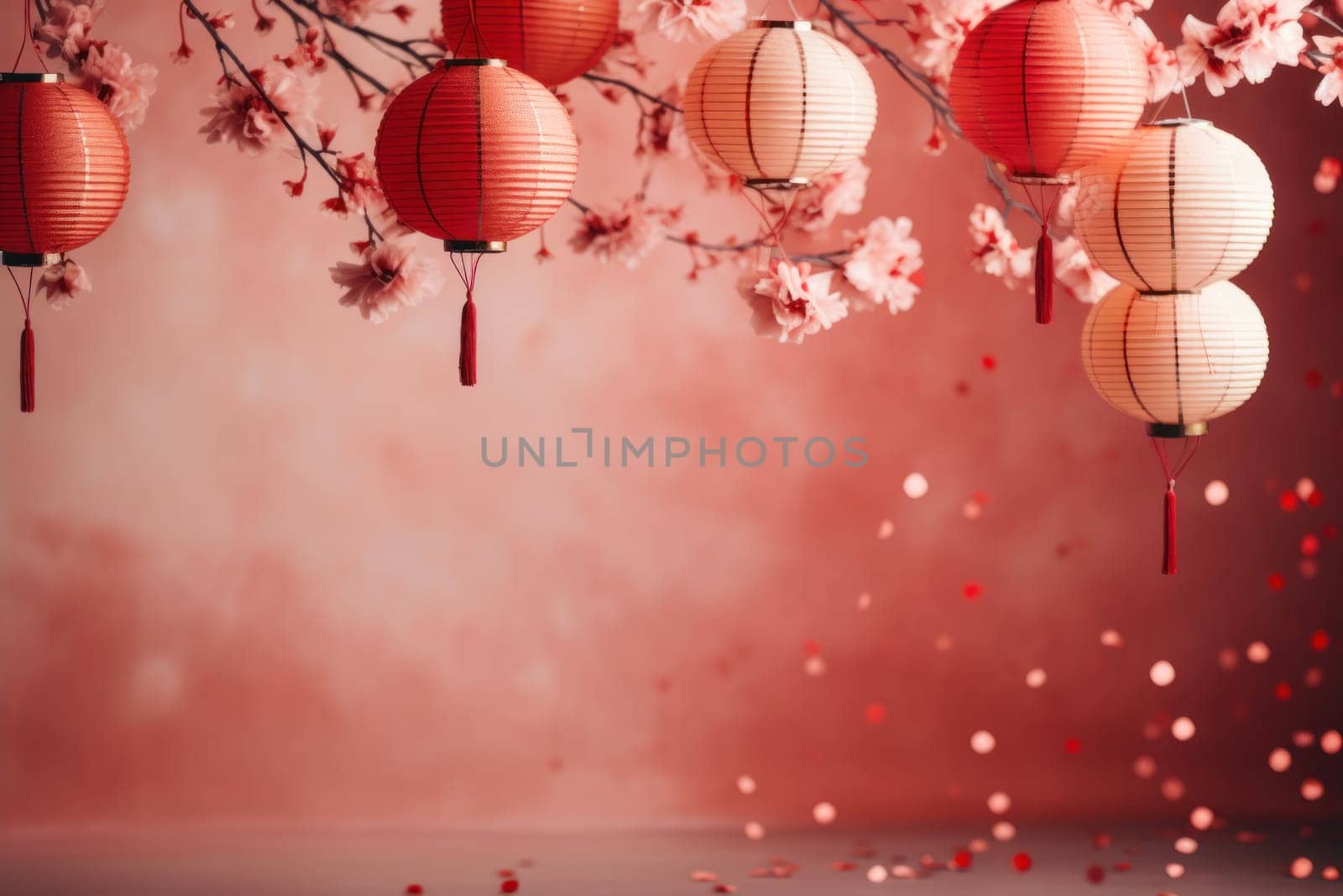 Chinese New year eve celebrations bright in the style of minimalist backgrounds. Generative AI.
