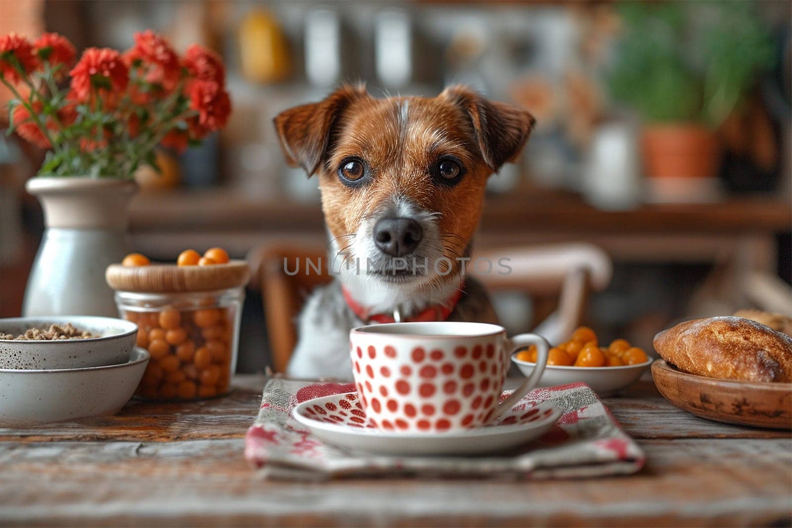 Cute dog having nice breakfast sitting at the table with tea,coffee bread at the kitchen stylish interior. Cozy house with funny dog at lunch by Annebel146