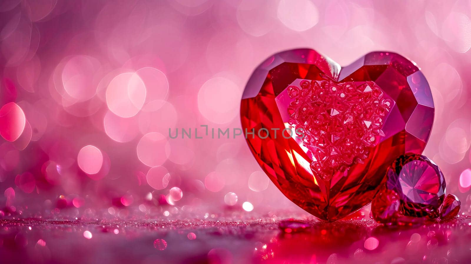 Beautiful luxury red heart made of ruby gemstone on a pink background. Copy space. AI generated.