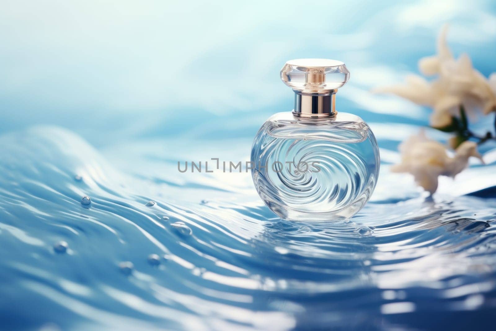 Bottle perfume on the water, clear water waves, white and blue background. Generative AI.