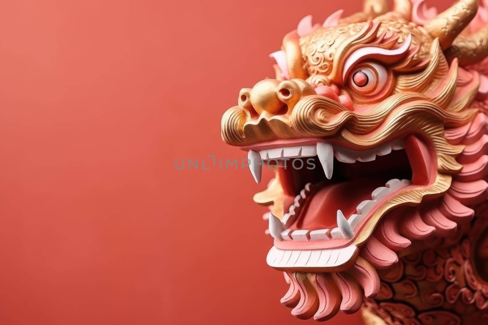 Golden Chinese dragon on red color background. Generative AI.