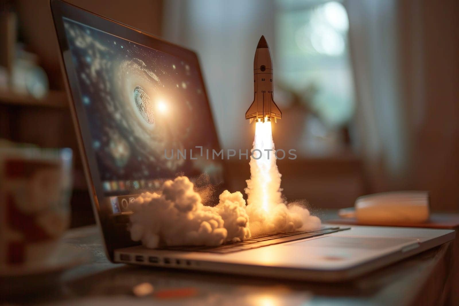 Rocket coming out of laptop screen. Generative AI.