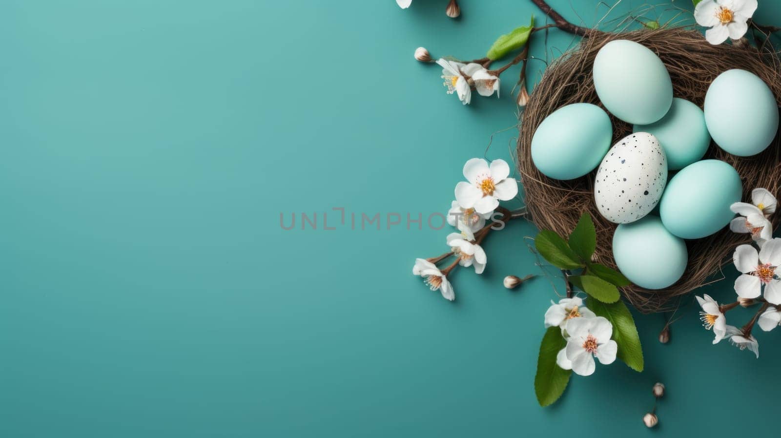Easter floral composition with delicate pastel eggs and flowers in a nest. Generative AI.