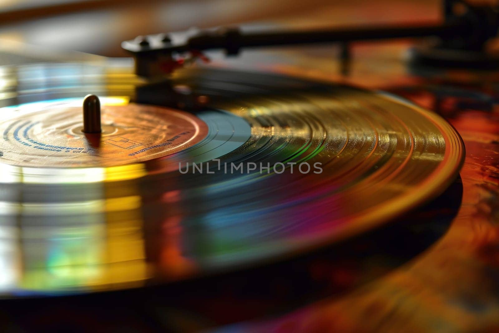 Vinyl records spin and melodious music comes out, creating a romantic atmosphere. Generative AI.