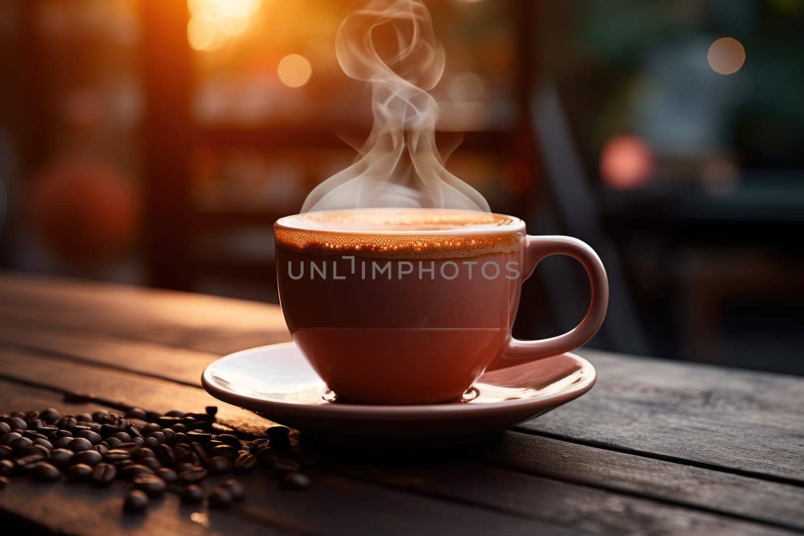 Steaming cup of coffee stands on a wooden counter. Generative AI.