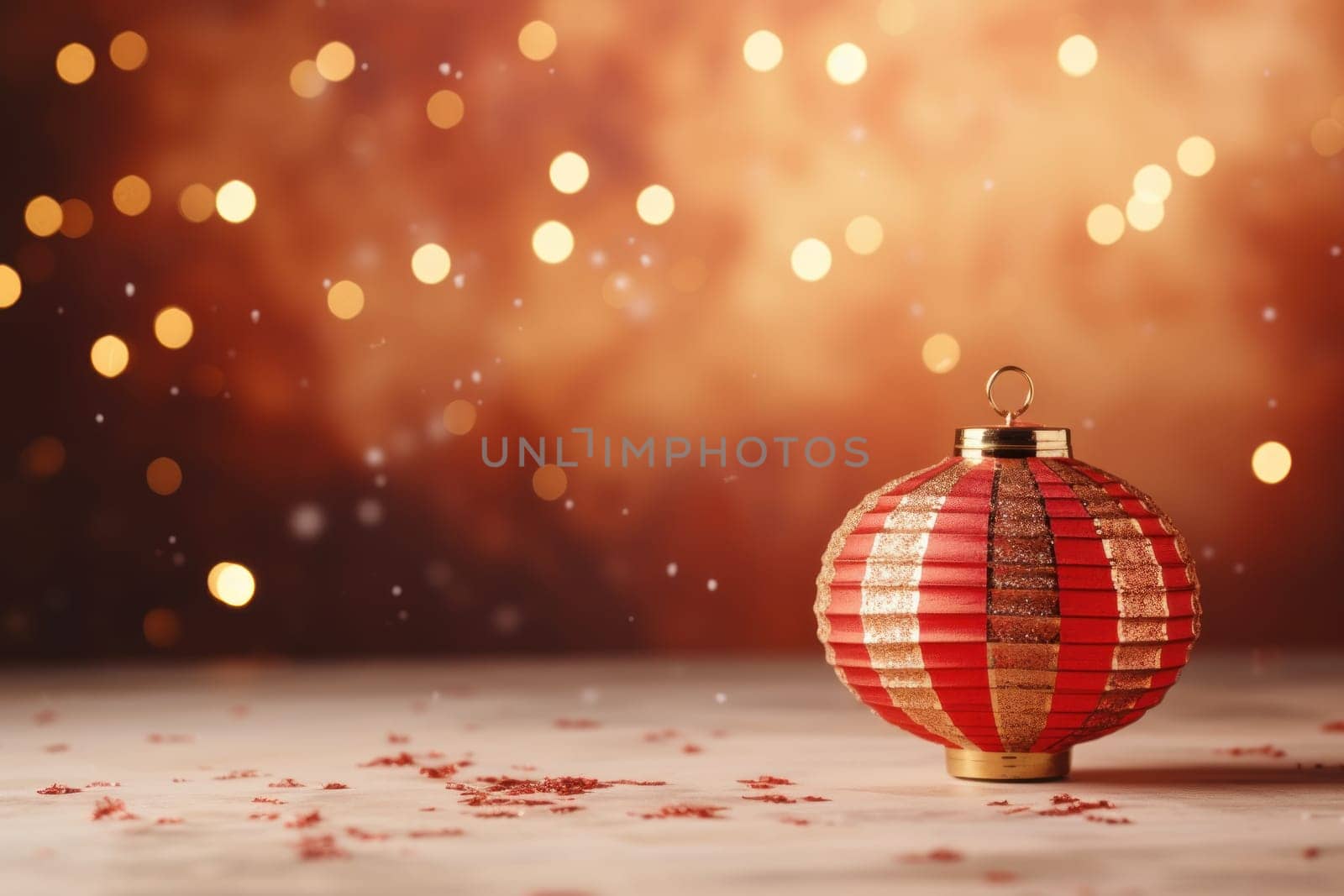 Chinese New Year photo realistic Lantern on glitter gold paper Background. Generative AI.