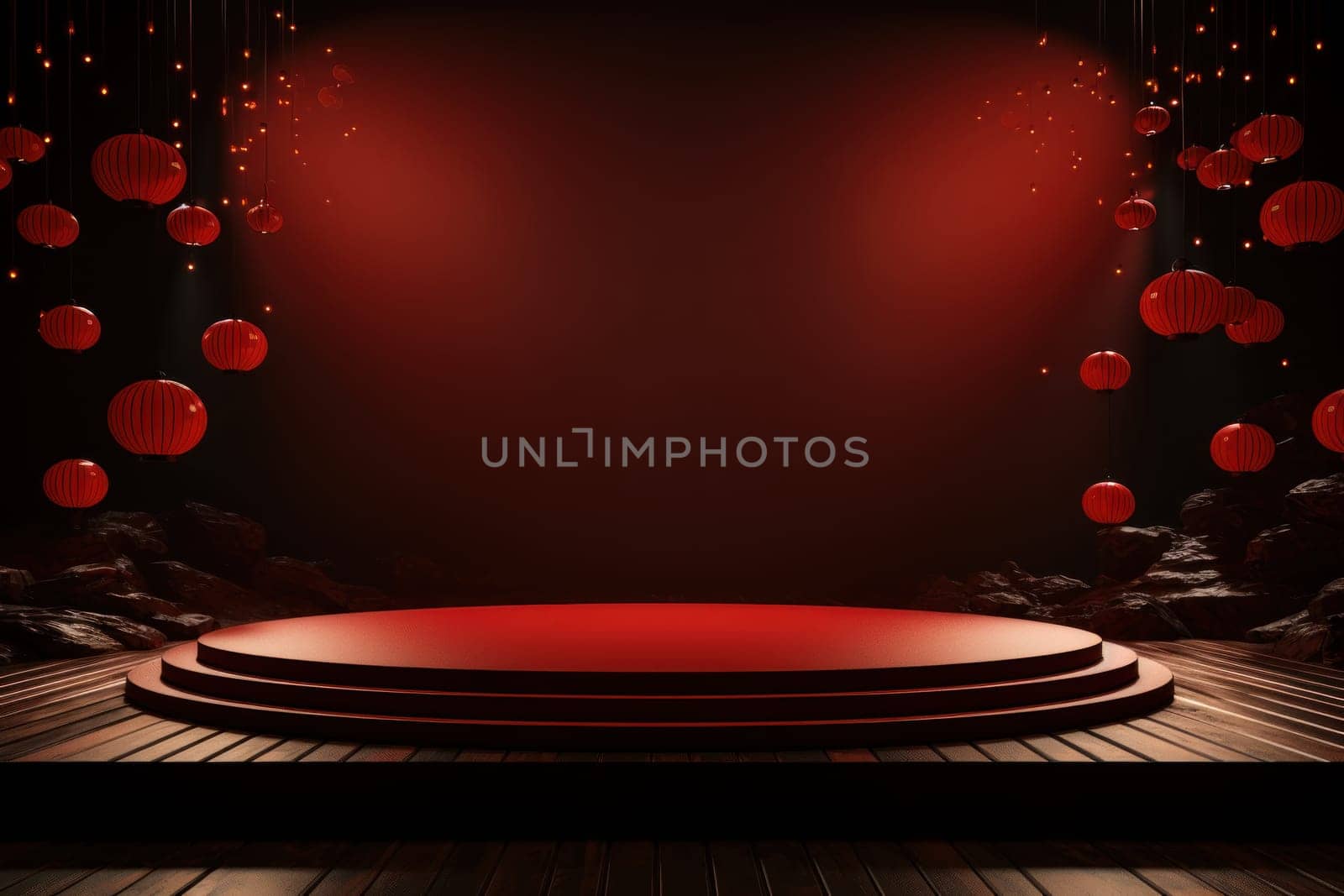 Chinese new year minimal clean spread out arch and podium background. Generative AI.