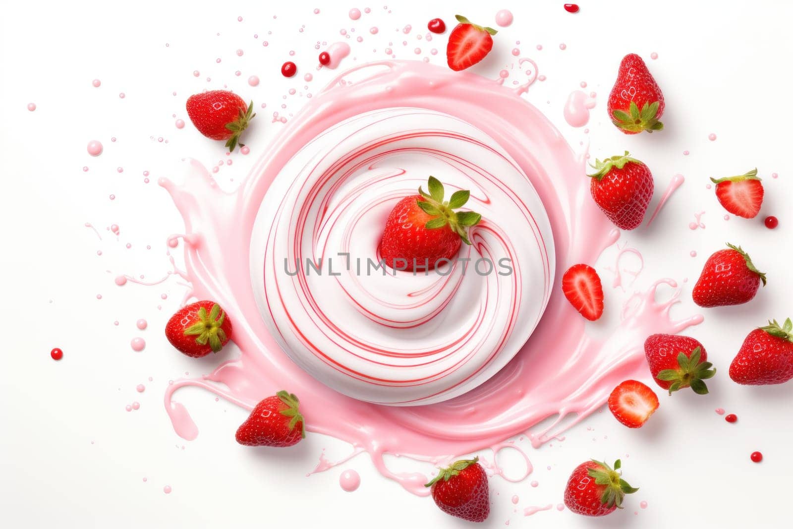 Floating yoghurt swirl with strawberries isolates background. Generative AI.