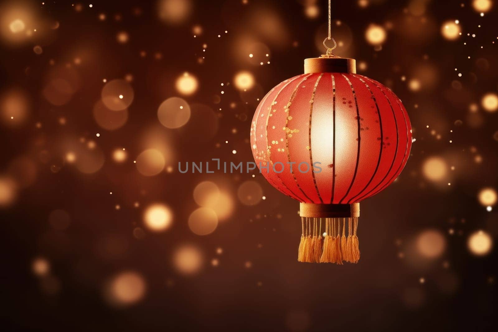Chinese New Year photo realistic Lantern on glitter gold paper Background. Generative AI.