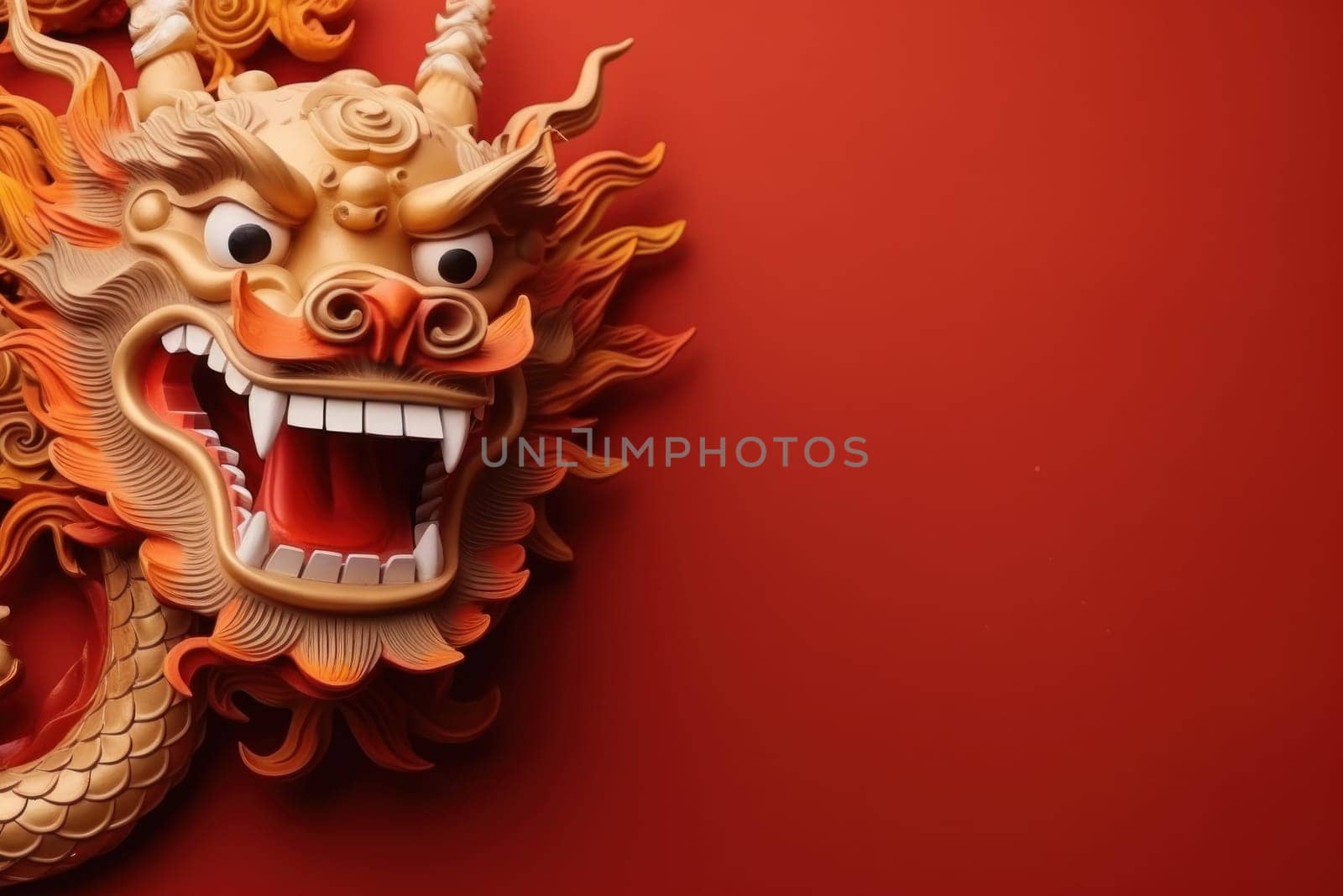 Golden Chinese dragon on red color background. Generative AI.