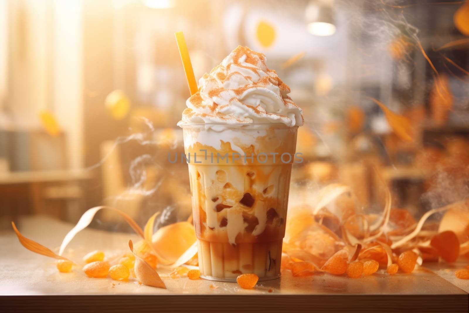 coffee shake frappe smoothie topped with sweet whipping cream and caramel. Generative AI.