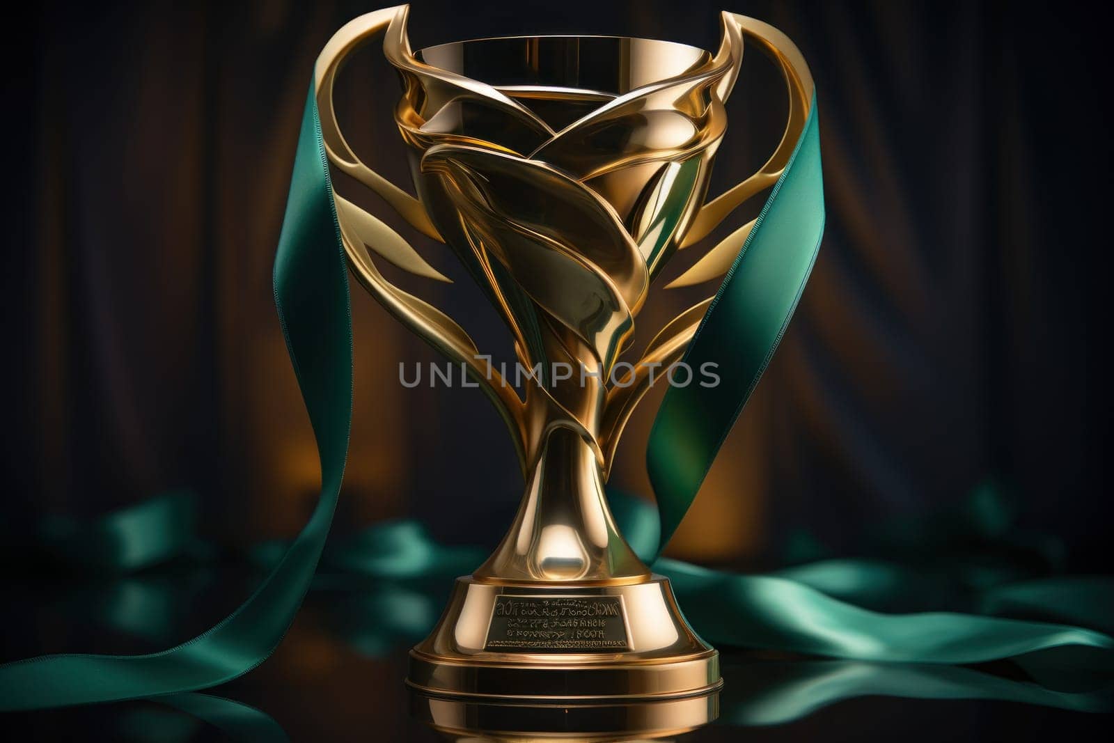 Golden trophy shaping like shield with green ribbon, business and competition concept. Generative AI.