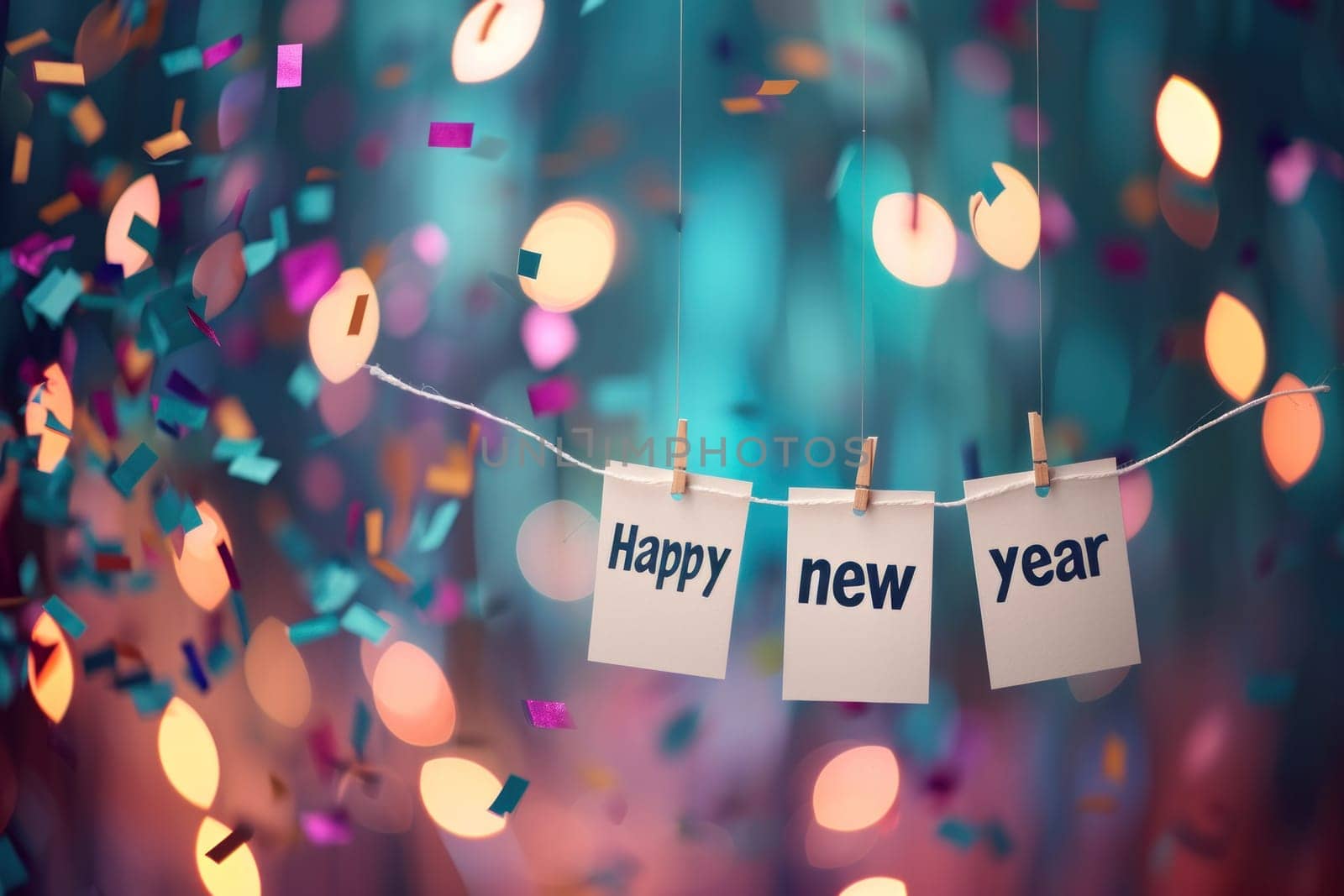 Happy new year with confetti on a colorful blurry background. Generative AI.