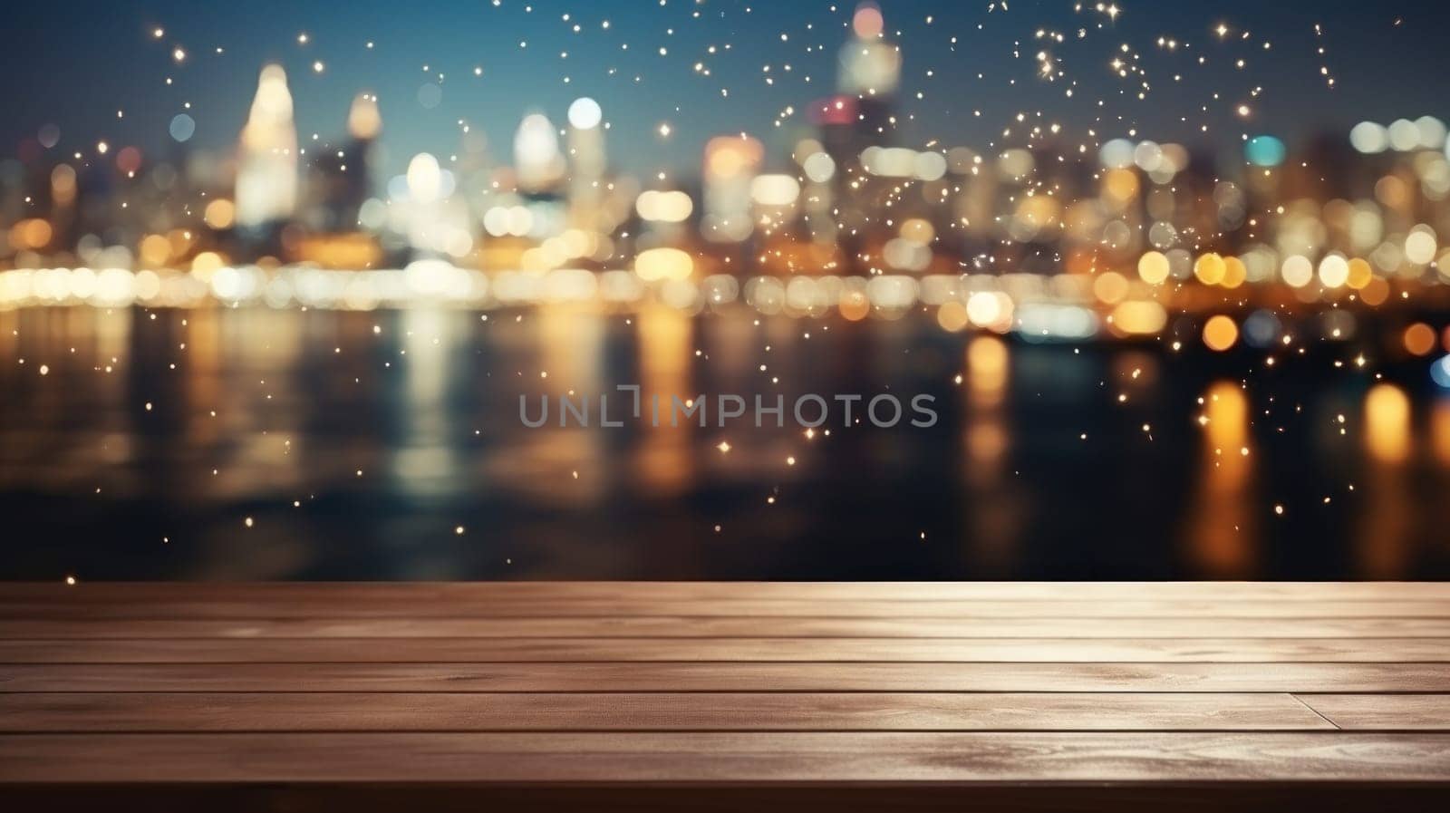 Empty wooden table with blurred background with a city with fireworks on New Year. Generative AI.