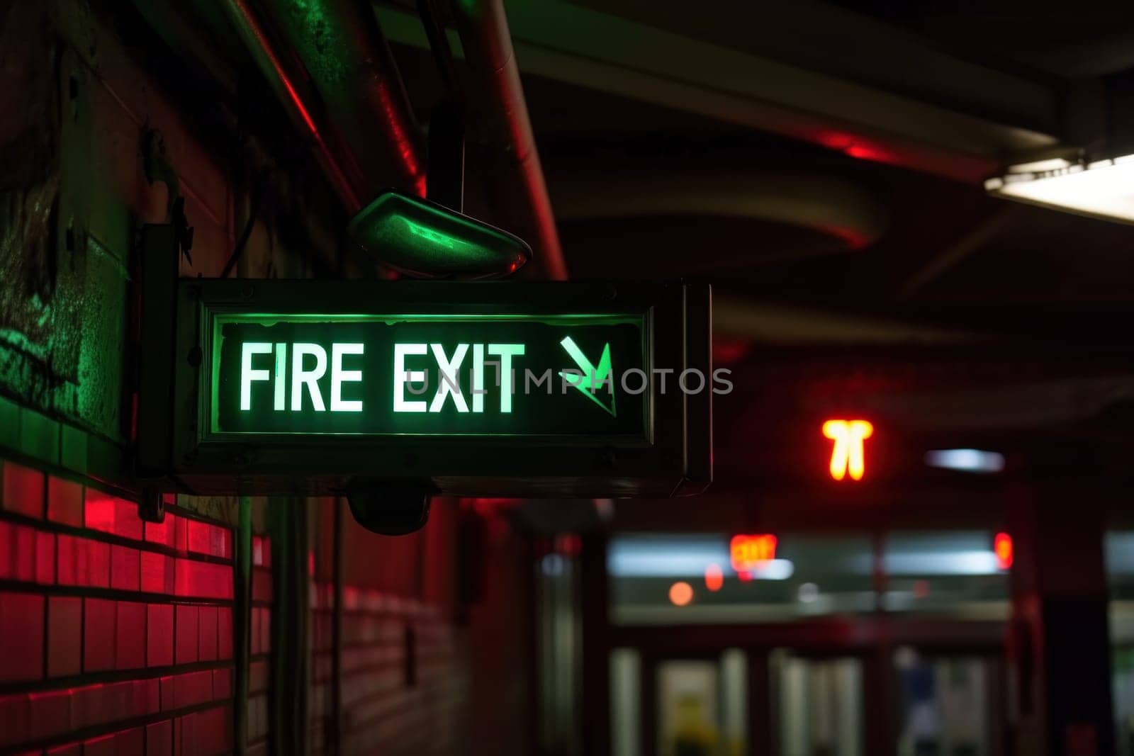 The indicator light shows the word FIRE EXIT. Generative AI.