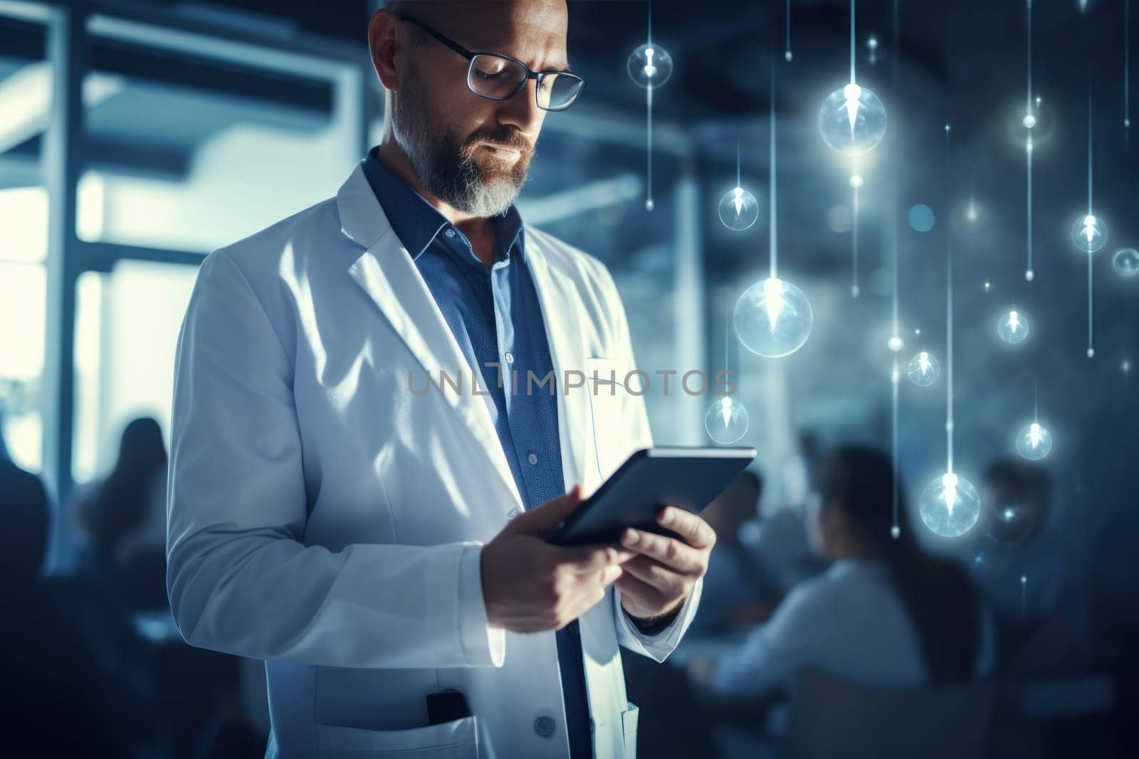 Doctor using digital tablet with health care icons, medical technology background. Generative AI.