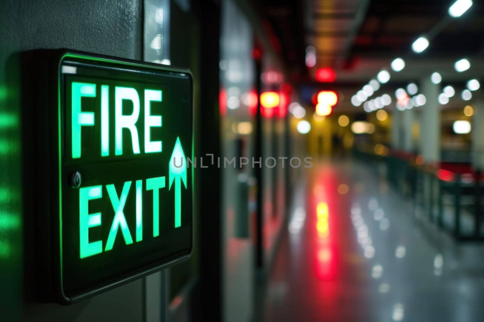 The indicator light shows the word FIRE EXIT. Generative AI.