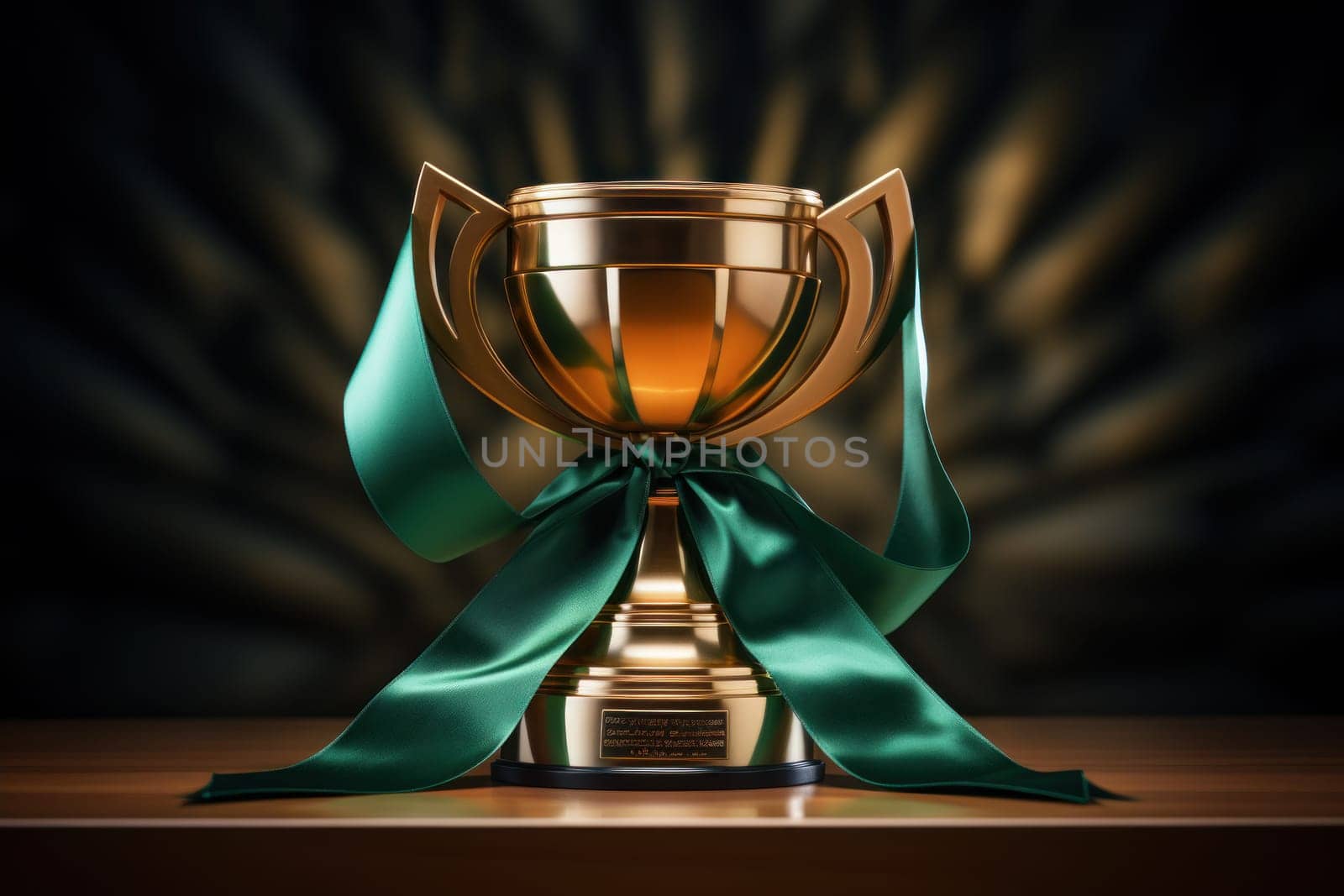Golden trophy shaping like shield with green ribbon, business and competition concept. Generative AI.