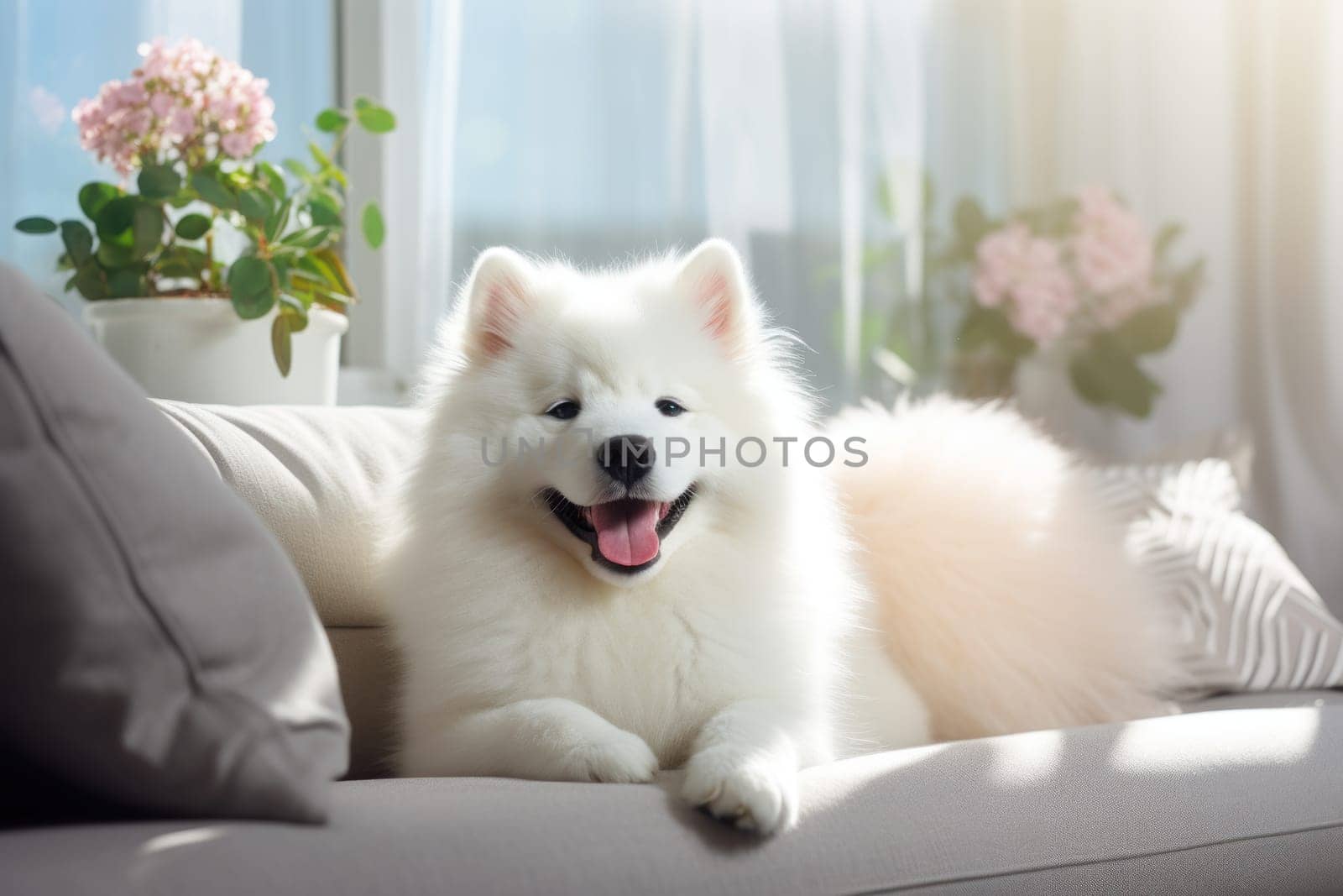 Photo of healthy dog peacefully rest on sofa. Generative AI.