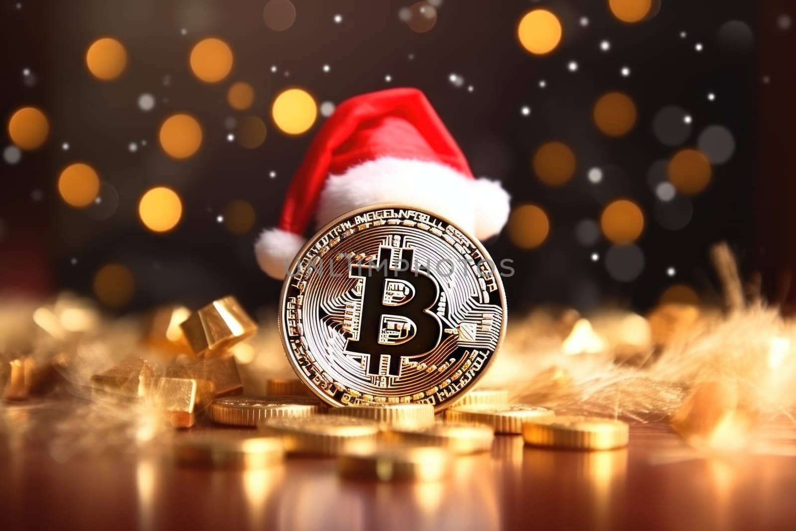 Bitcoin wearing Santa hat Christmas background. Generative AI.