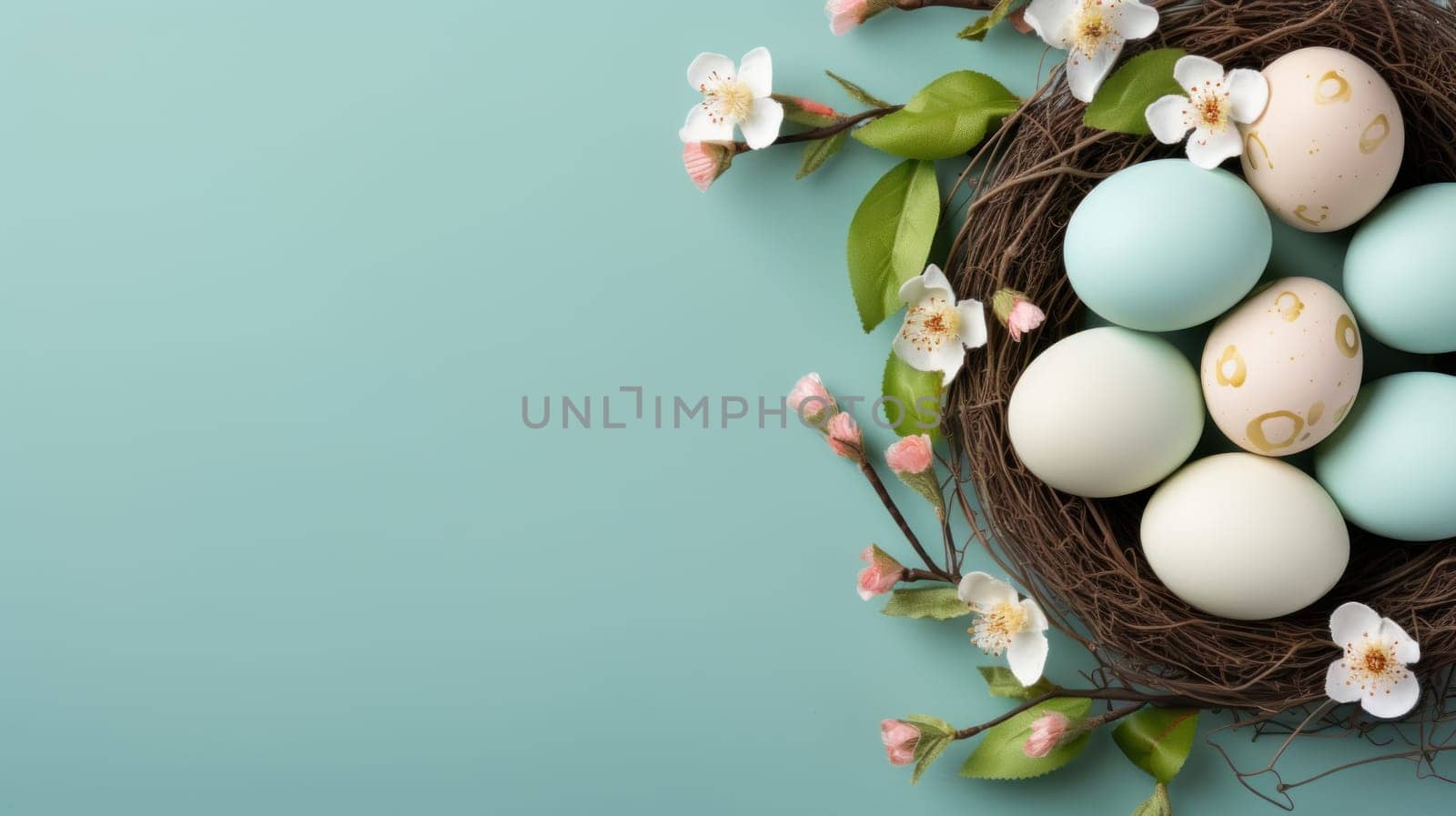 Easter floral composition with delicate pastel eggs and flowers in a nest. Generative AI.